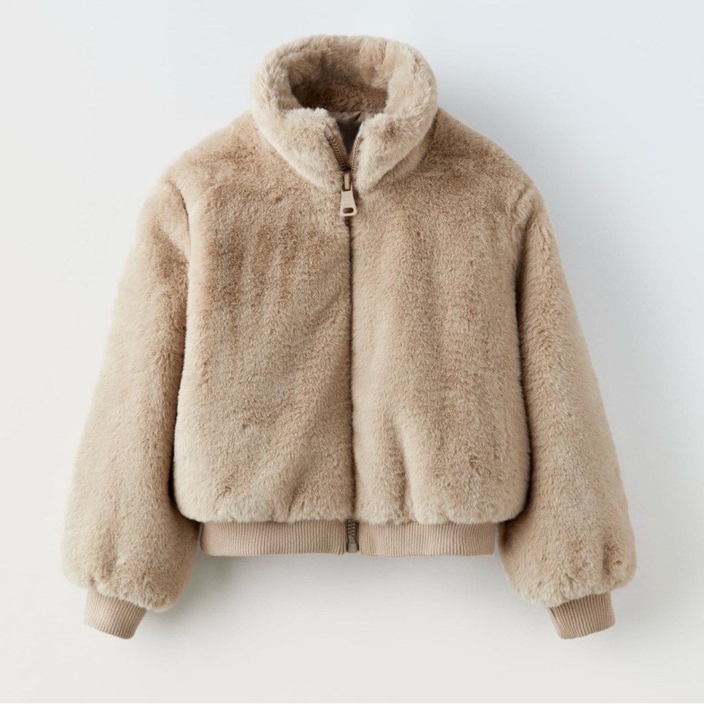 zara white faux fur jacket in size large